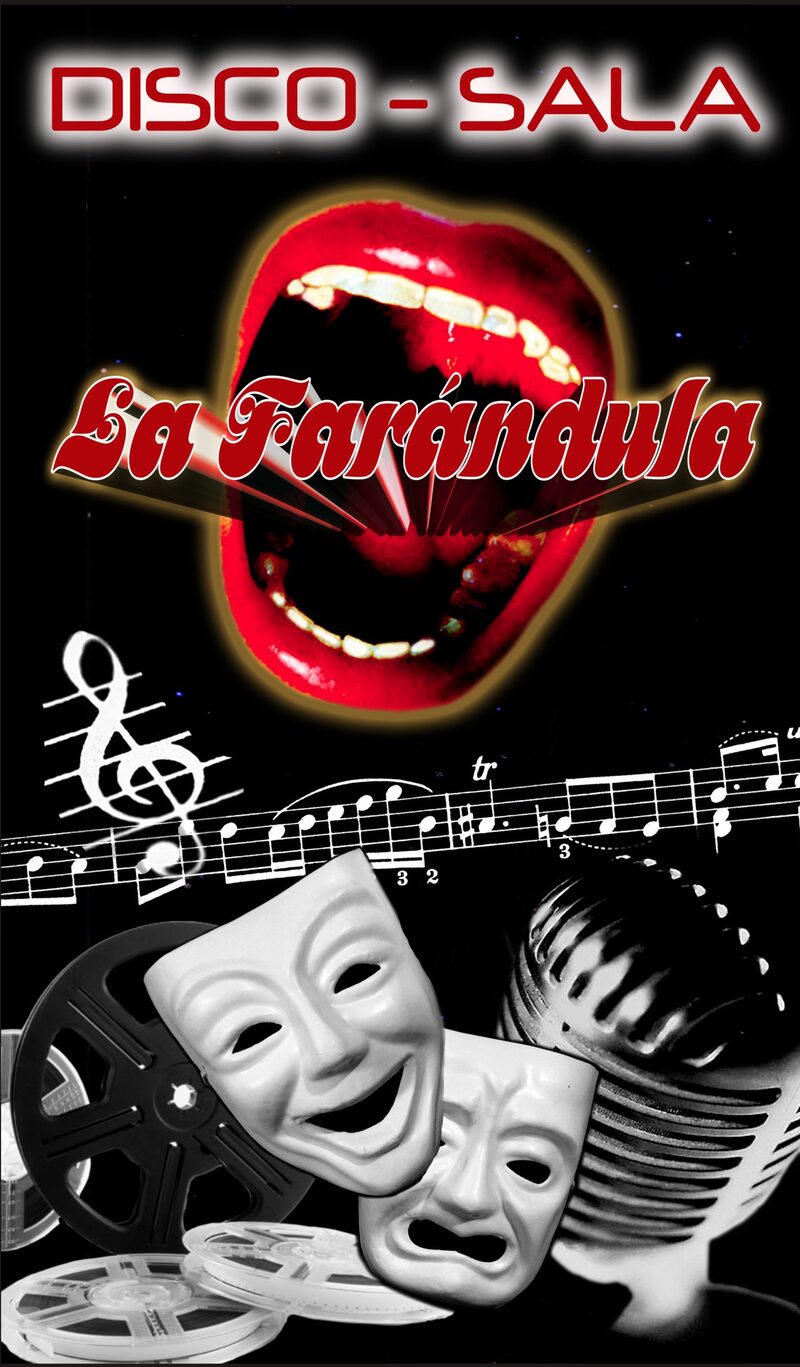 Banderola de Disco Sala La Farándula con máscaras de teatro, micrófono y partitura