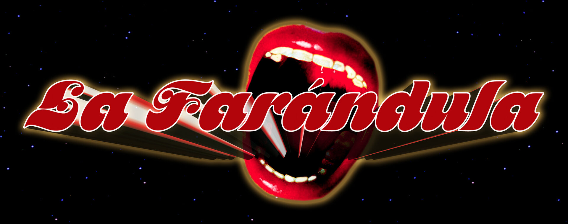 Rótulo oficial de La Farándula: una boca roja con el nombre de la sala sobre fondo estrellado