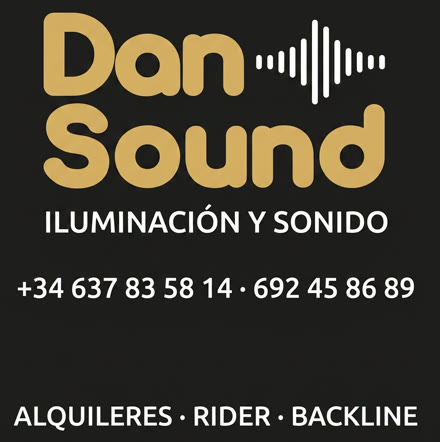 Logotipo de Dan Sound, iluminación y sonido, con teléfonos de contacto y servicios de alquiler, rider y backline